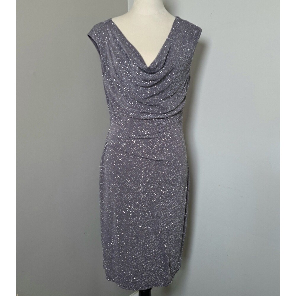 Jessica Howard Draped Cowl Neck Ruched Gray Metallic Dress 10 Cocktails Sparkle